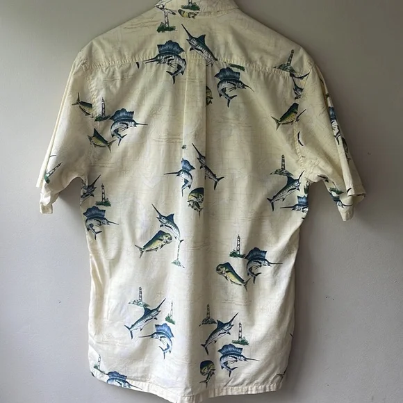 HOOK & TACKLE Swordfish Lighthouse Fishing Nautical Map Button Down Size Medium - Picture 8 of 11